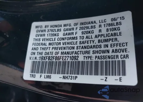 2015 Honda Civic Ex из США, поврежденный, VIN 19XFB2F86FE271092